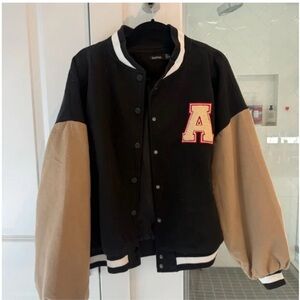 BOOHOO Black and Tan Varsity Jacket with Letter A
